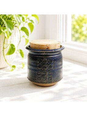 Handcrafted Vintage Stoneware Jar With Cork Lid - Blue Glaze & Embossed Design -